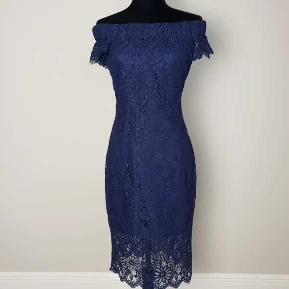 Nanette Lepore | Dresses | Nwt Nanette Lepore Women Off The Shoulders Lace  Navy Sheath Cocktail Midi Dress | Poshmark